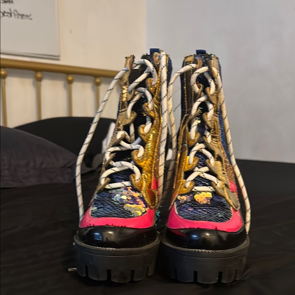 Cape Robbin Pink and Gold Combat Boots with Chunky Platform